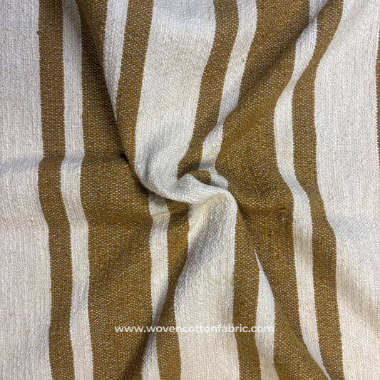 Mustard Yellow and Beige Textured Slub Stripe Cotton Handloom Fabric Per Meter