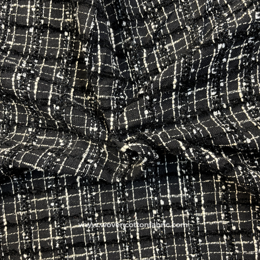 Jet Black and Cream Heavy Textured Tweed Bouclé Grid Cotton Handloom Fabric, Per Meter