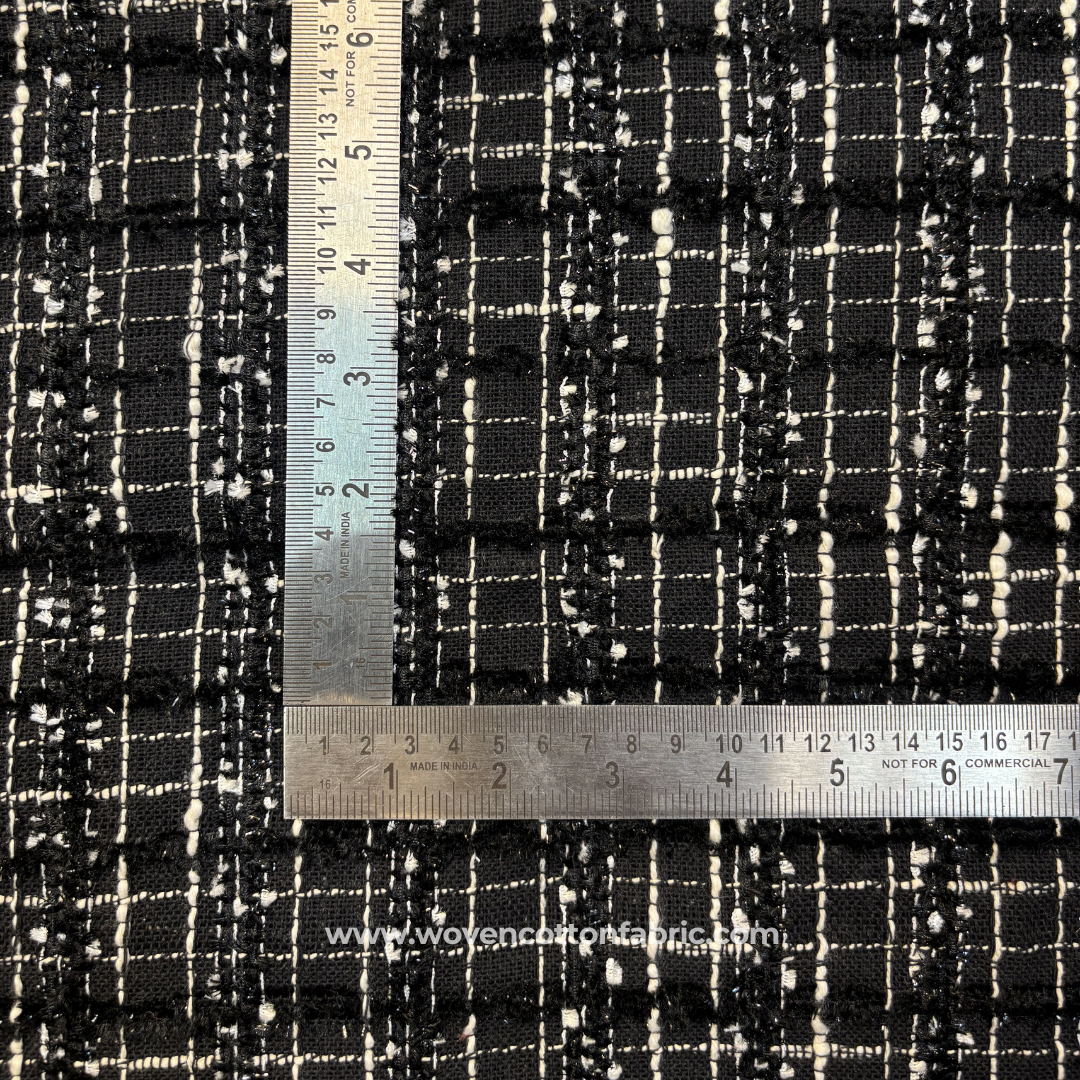 Jet Black and Cream Heavy Textured Tweed Bouclé Grid Cotton Handloom Fabric, Per Meter