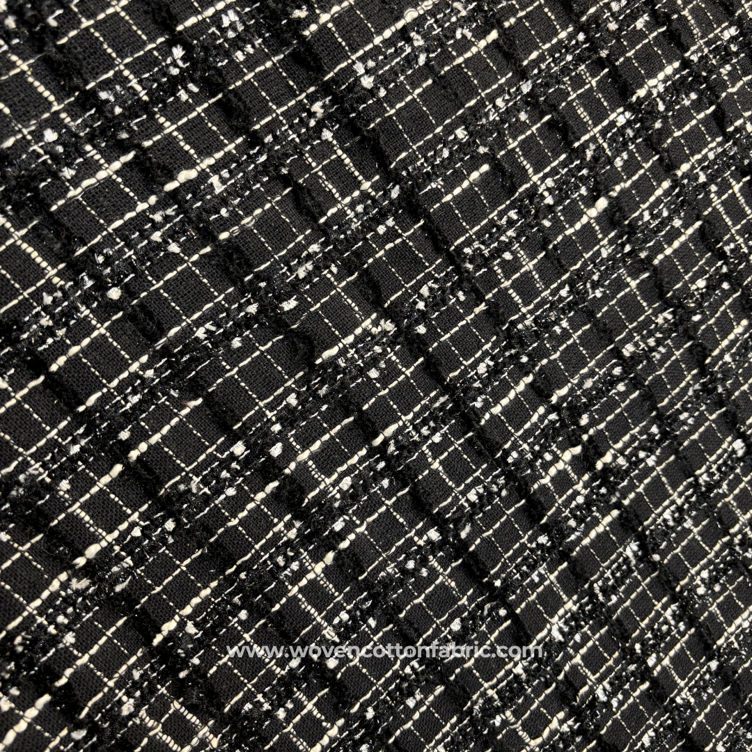 Jet Black and Cream Heavy Textured Tweed Bouclé Grid Cotton Handloom Fabric, Per Meter