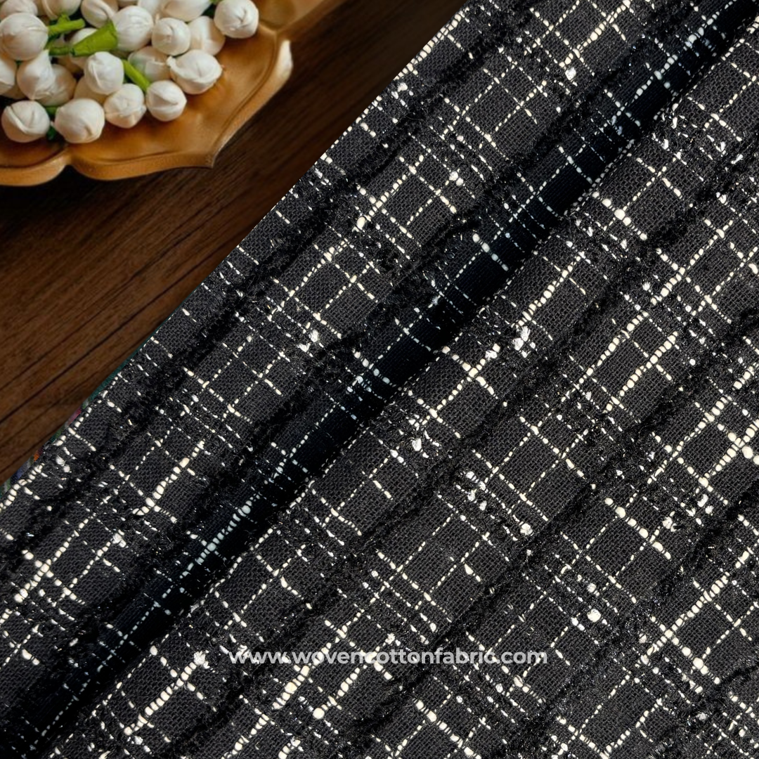 Jet Black and Cream Heavy Textured Tweed Bouclé Grid Cotton Handloom Fabric, Per Meter