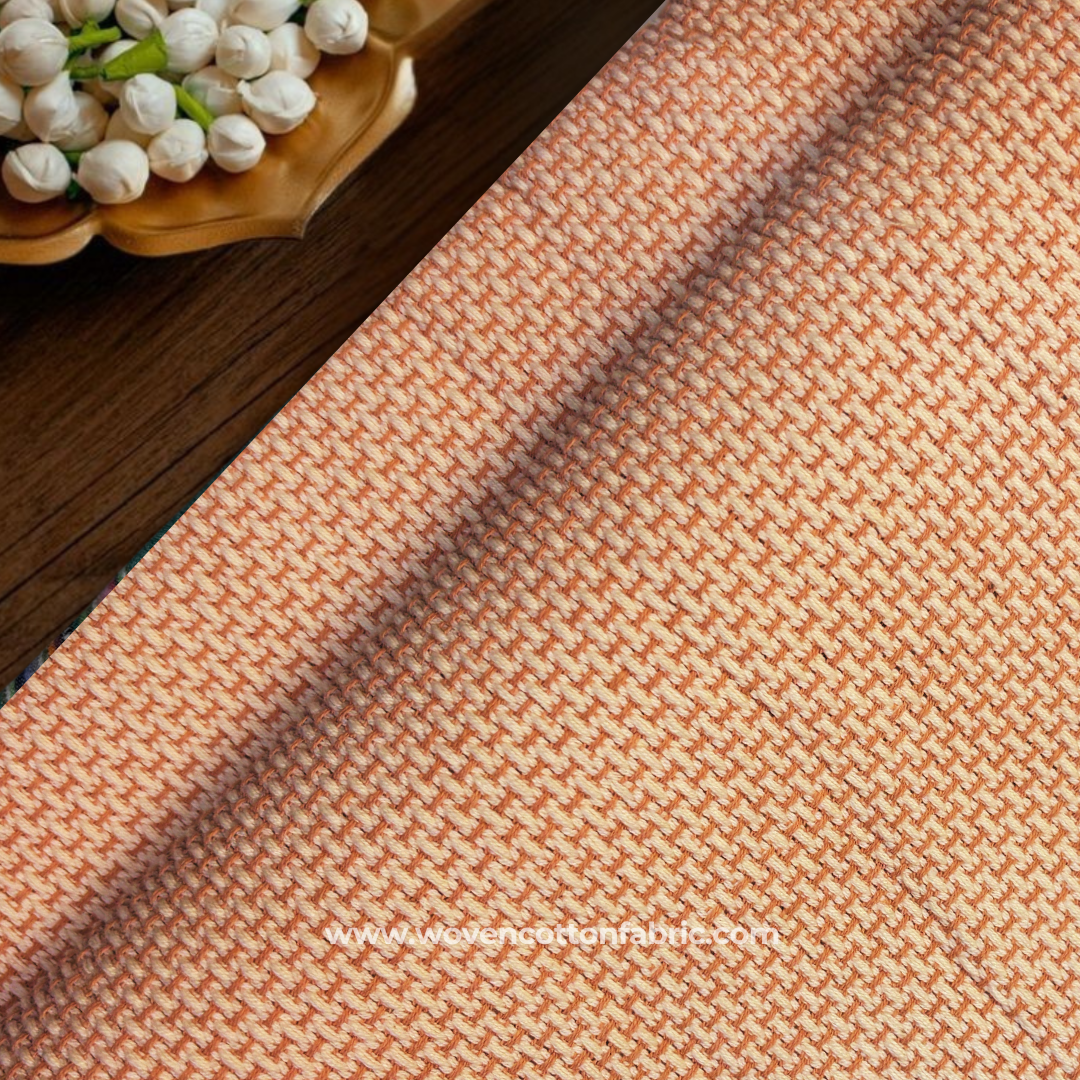 Terracotta Peach and Cream Micro-Basketweave Textured Cotton Handloom Fabric, Per Meter