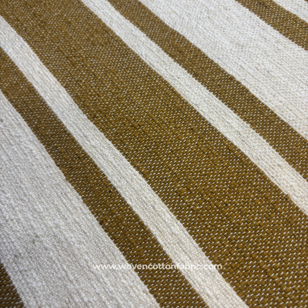 Mustard Yellow and Beige Textured Slub Stripe Cotton Handloom Fabric Per Meter