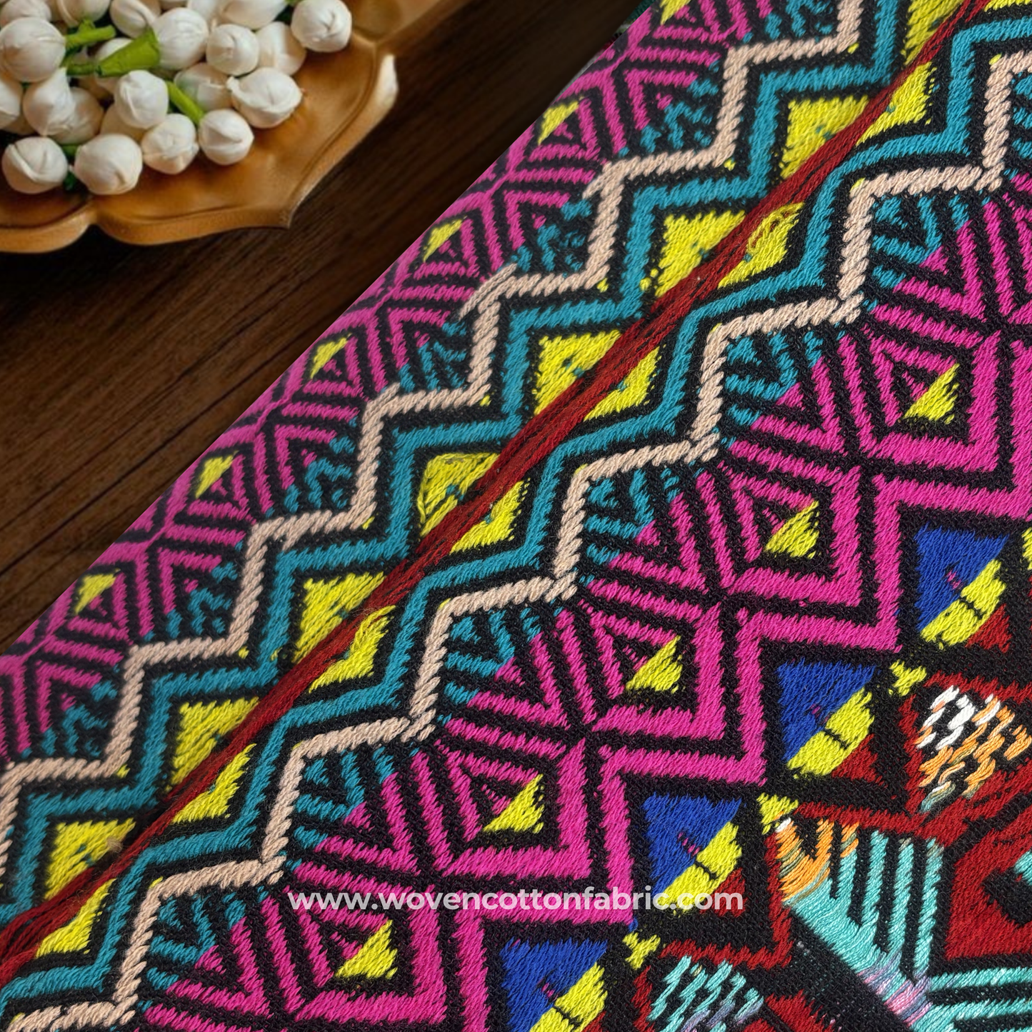Vibrant Multi-Color Geometric Diamond Woven Cotton Fabric, Per Meter