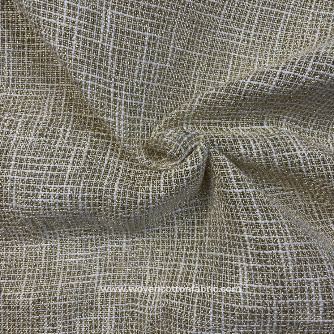 Metallic Gold Zari and Ecru Textured Linen-Look Cotton Handloom Fabric, Per Meter