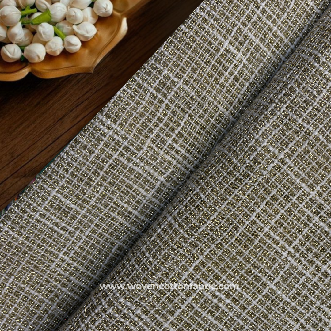 Metallic Gold Zari and Ecru Textured Linen-Look Cotton Handloom Fabric, Per Meter