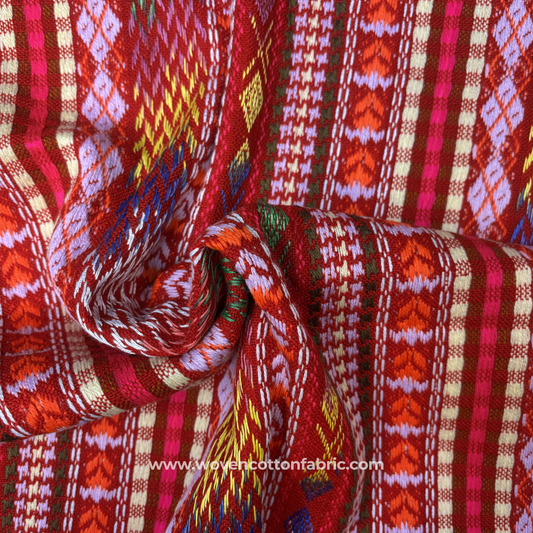 Red Multi Geometric Tribal Woven Cotton Fabric, Per Meter