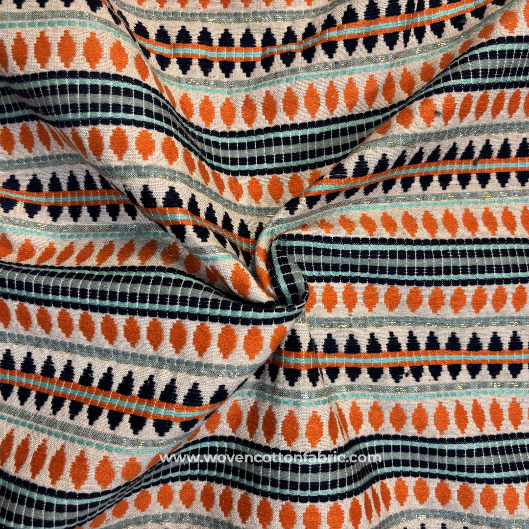 Vibrant Rust Orange and Aqua Blue Zari Geometric Striped Jacquard Cotton Handloom Fabric, Per Meter