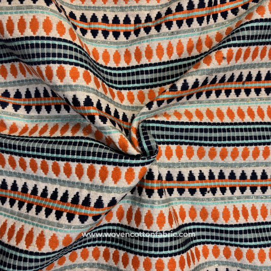 Vibrant Rust Orange and Aqua Blue Zari Geometric Striped Jacquard Cotton Handloom Fabric, Per Meter