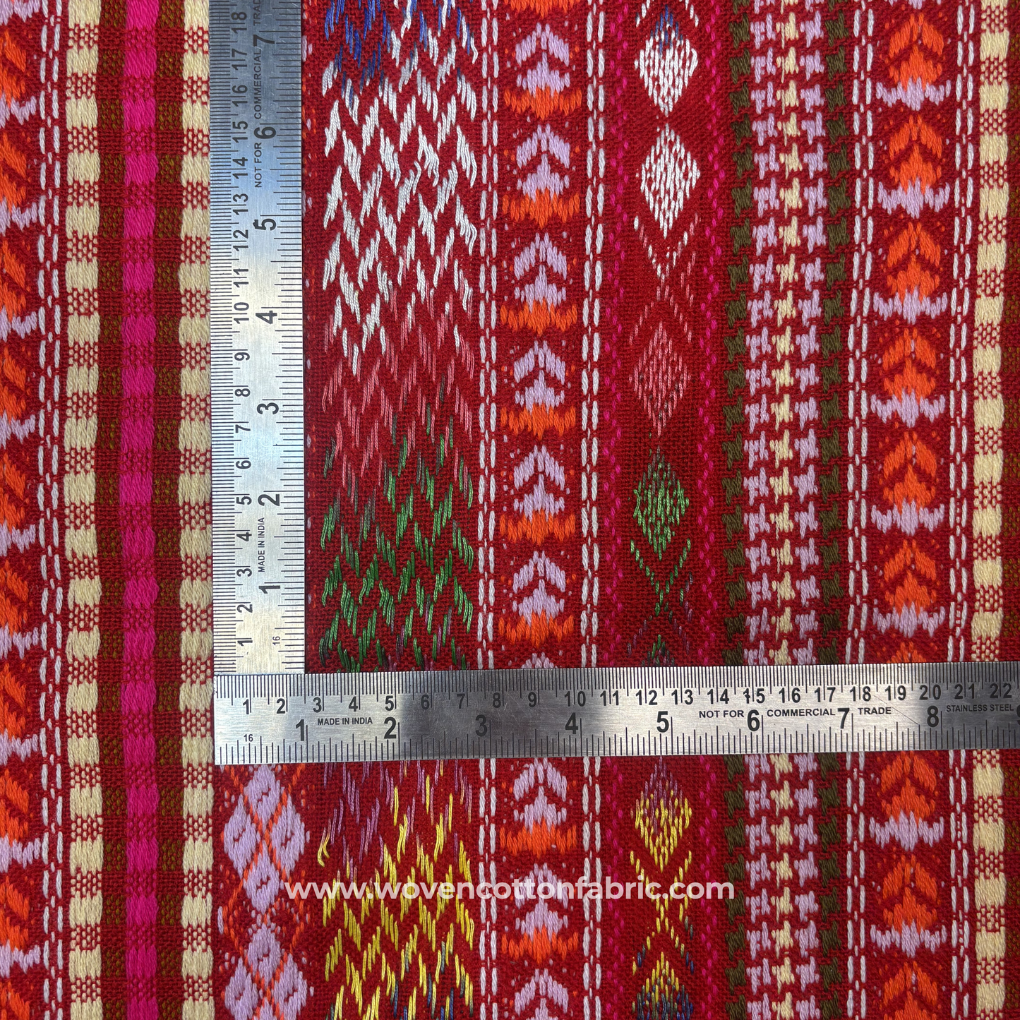 Red Multi Geometric Tribal Woven Cotton Fabric, Per Meter