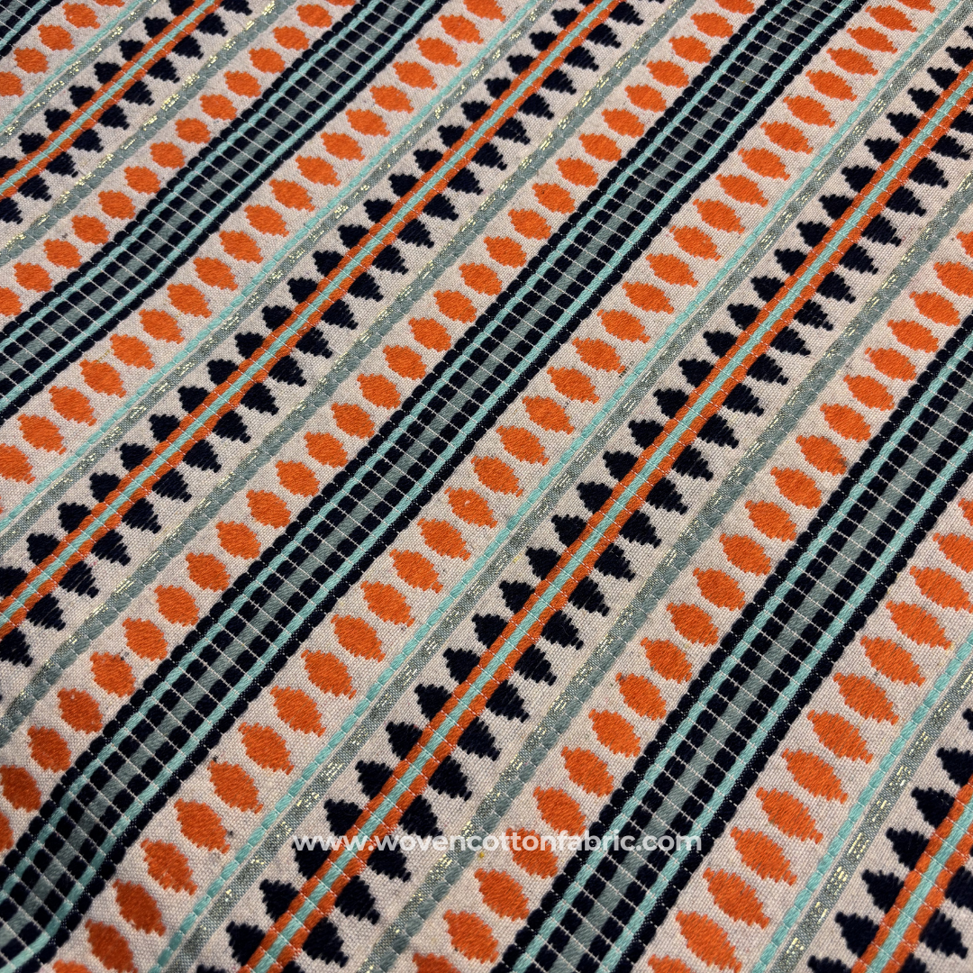 Vibrant Rust Orange and Aqua Blue Zari Geometric Striped Jacquard Cotton Handloom Fabric, Per Meter