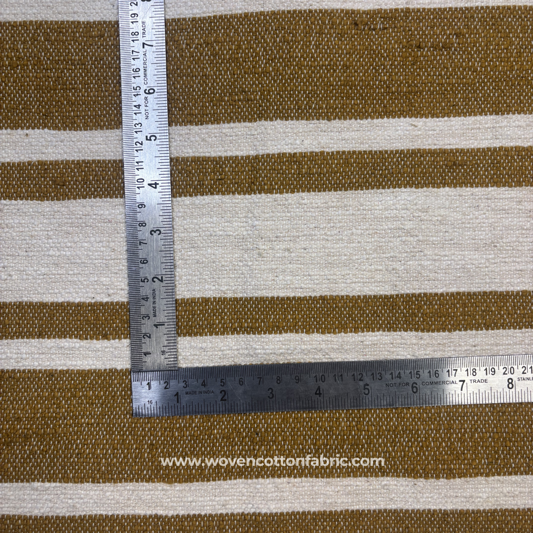 Mustard Yellow and Beige Textured Slub Stripe Cotton Handloom Fabric Per Meter
