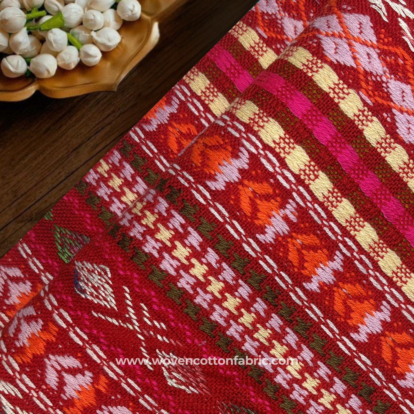Red Multi Geometric Tribal Woven Cotton Fabric, Per Meter