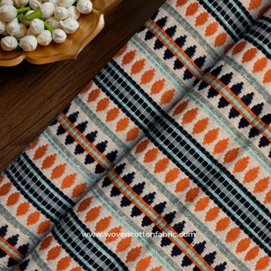 Vibrant Rust Orange and Aqua Blue Zari Geometric Striped Jacquard Cotton Handloom Fabric, Per Meter