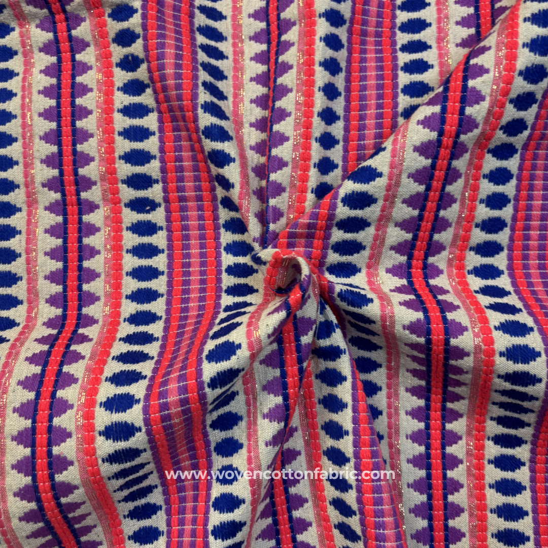 Vibrant Magenta Pink and Royal Blue Zari Geometric Striped Jacquard Cotton Handloom Fabric, Per Meter