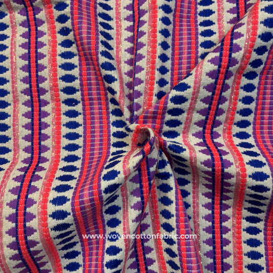 Vibrant Magenta Pink and Royal Blue Zari Geometric Striped Jacquard Cotton Handloom Fabric, Per Meter