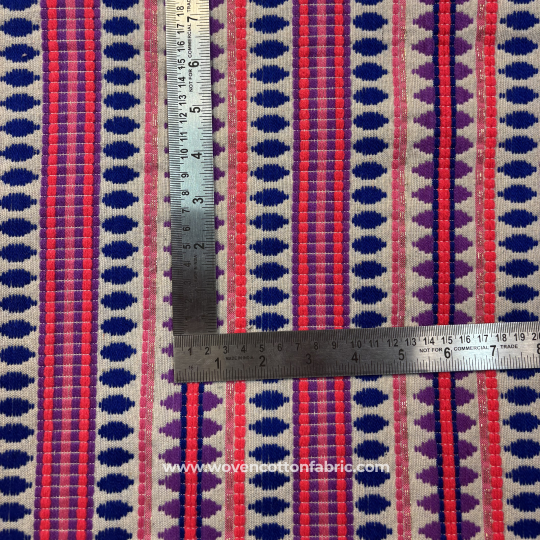 Vibrant Magenta Pink and Royal Blue Zari Geometric Striped Jacquard Cotton Handloom Fabric, Per Meter