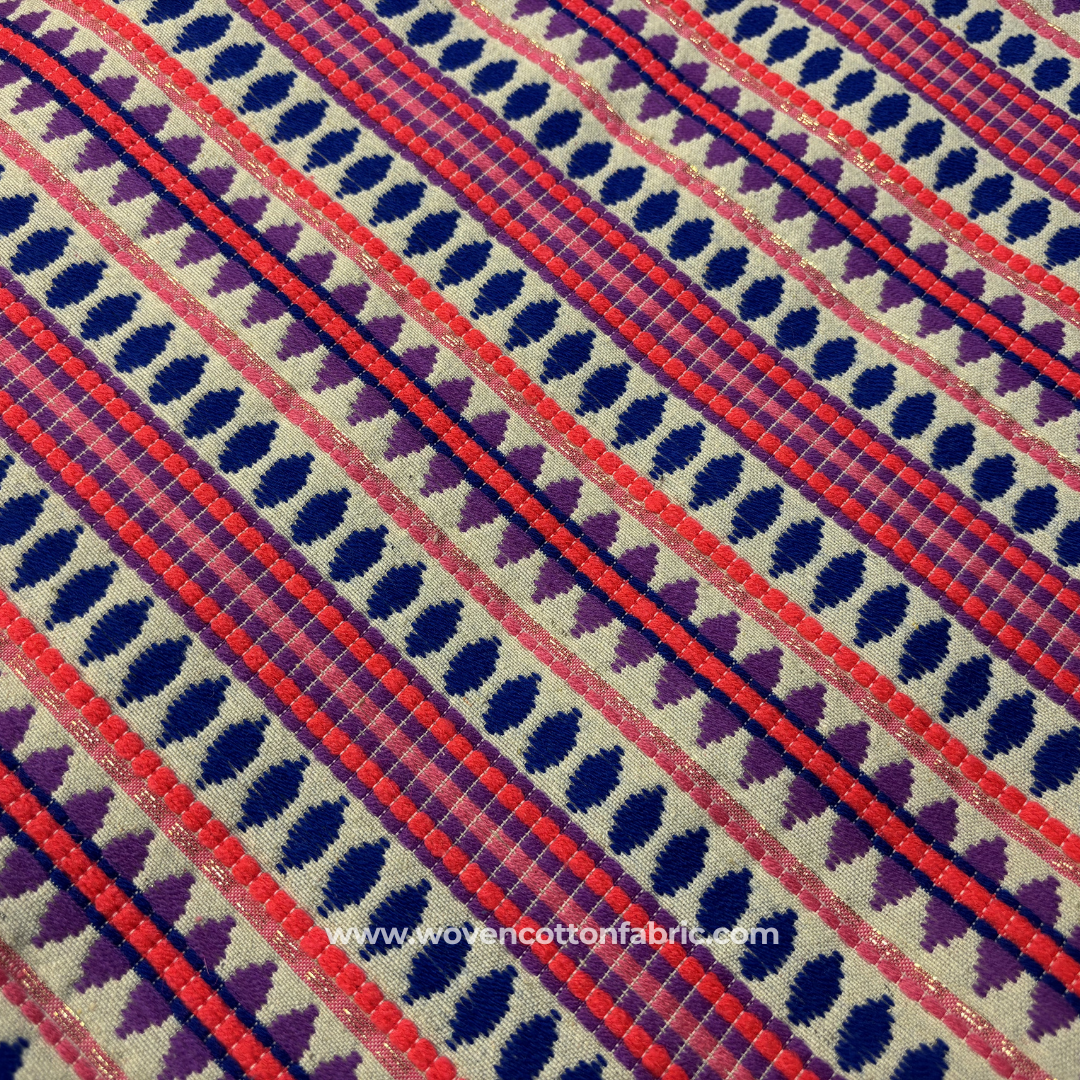 Vibrant Magenta Pink and Royal Blue Zari Geometric Striped Jacquard Cotton Handloom Fabric, Per Meter
