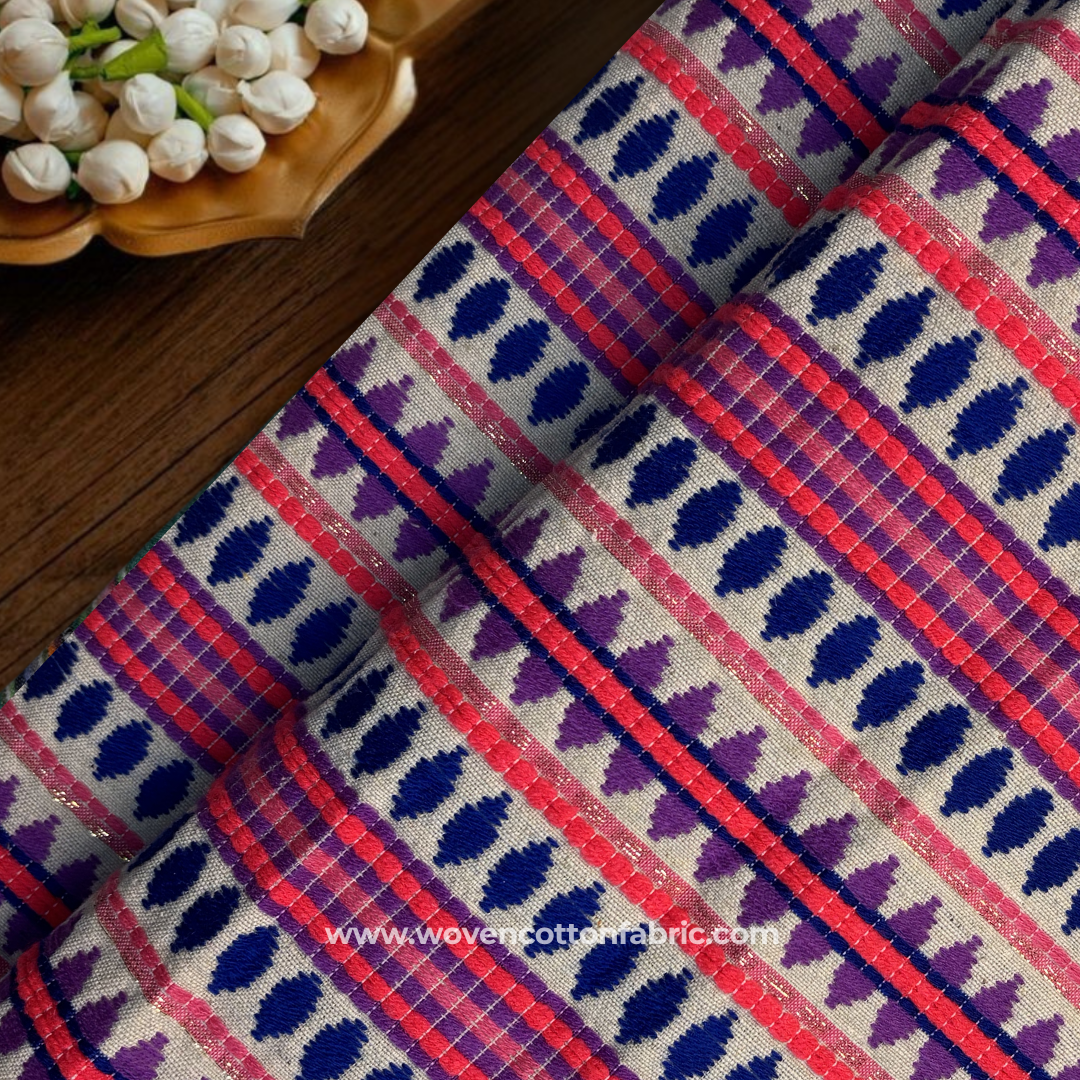 Vibrant Magenta Pink and Royal Blue Zari Geometric Striped Jacquard Cotton Handloom Fabric, Per Meter