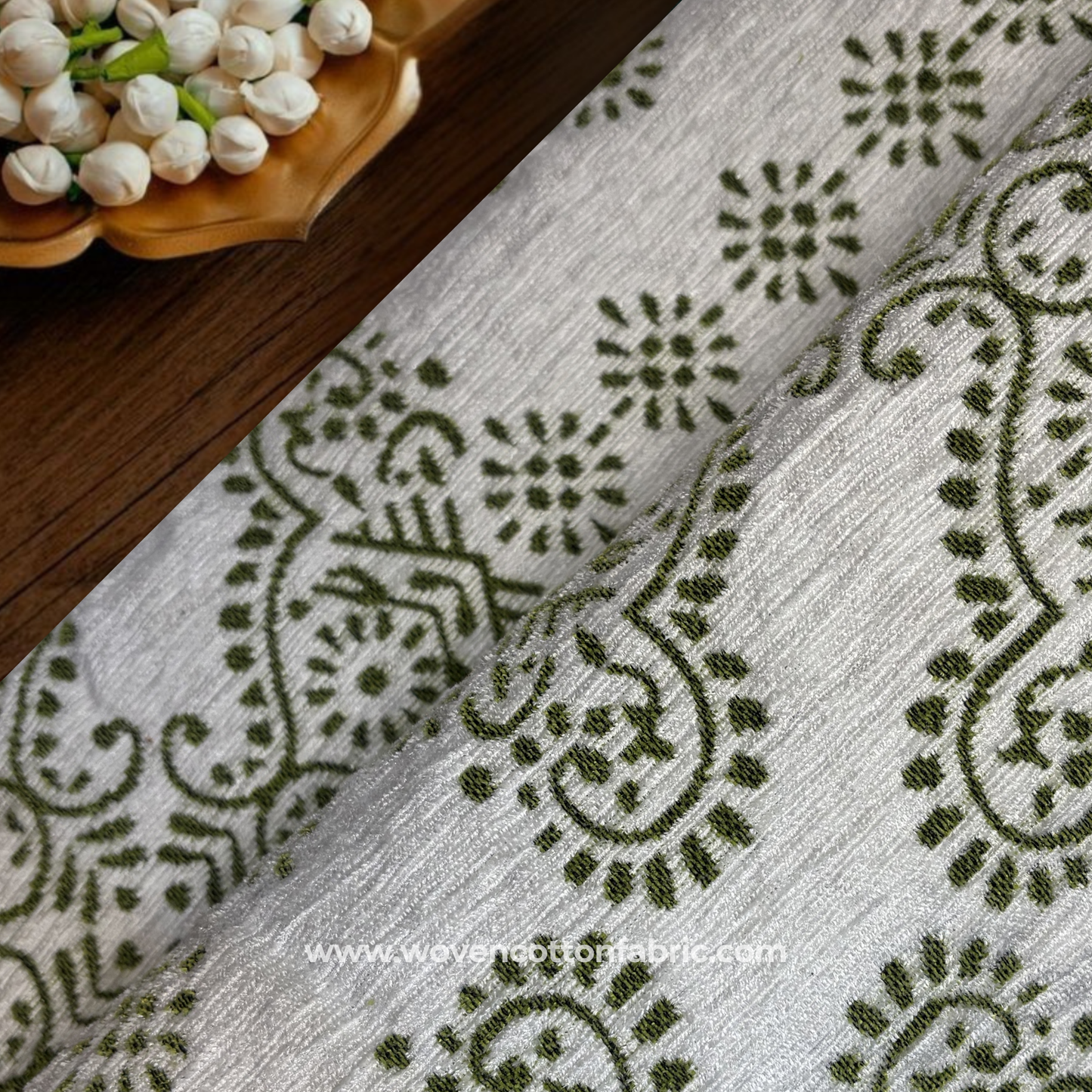 Green Kalamkari Block Print Slub Cotton Fabric, Per Meter