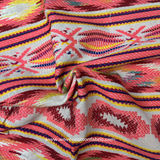 Ethnic Ikat Brocade with Chevron Borders, Jacquard Fabric, Per Meter