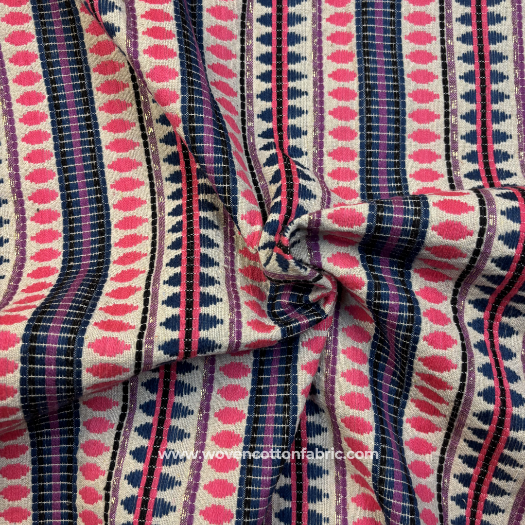 Hot Pink & Navy Blue Geometric Jacquard Cotton Handloom Fabric with Gold Zari, Per Meter