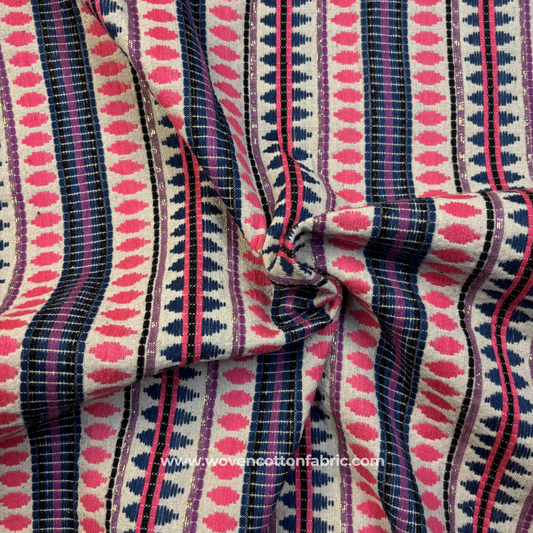 Hot Pink & Navy Blue Geometric Jacquard Cotton Handloom Fabric with Gold Zari, Per Meter