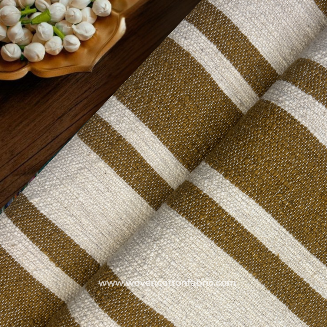 Mustard Yellow and Beige Textured Slub Stripe Cotton Handloom Fabric Per Meter
