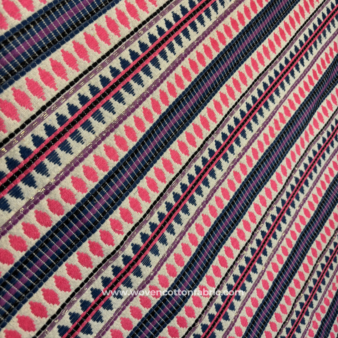 Hot Pink & Navy Blue Geometric Jacquard Cotton Handloom Fabric with Gold Zari, Per Meter