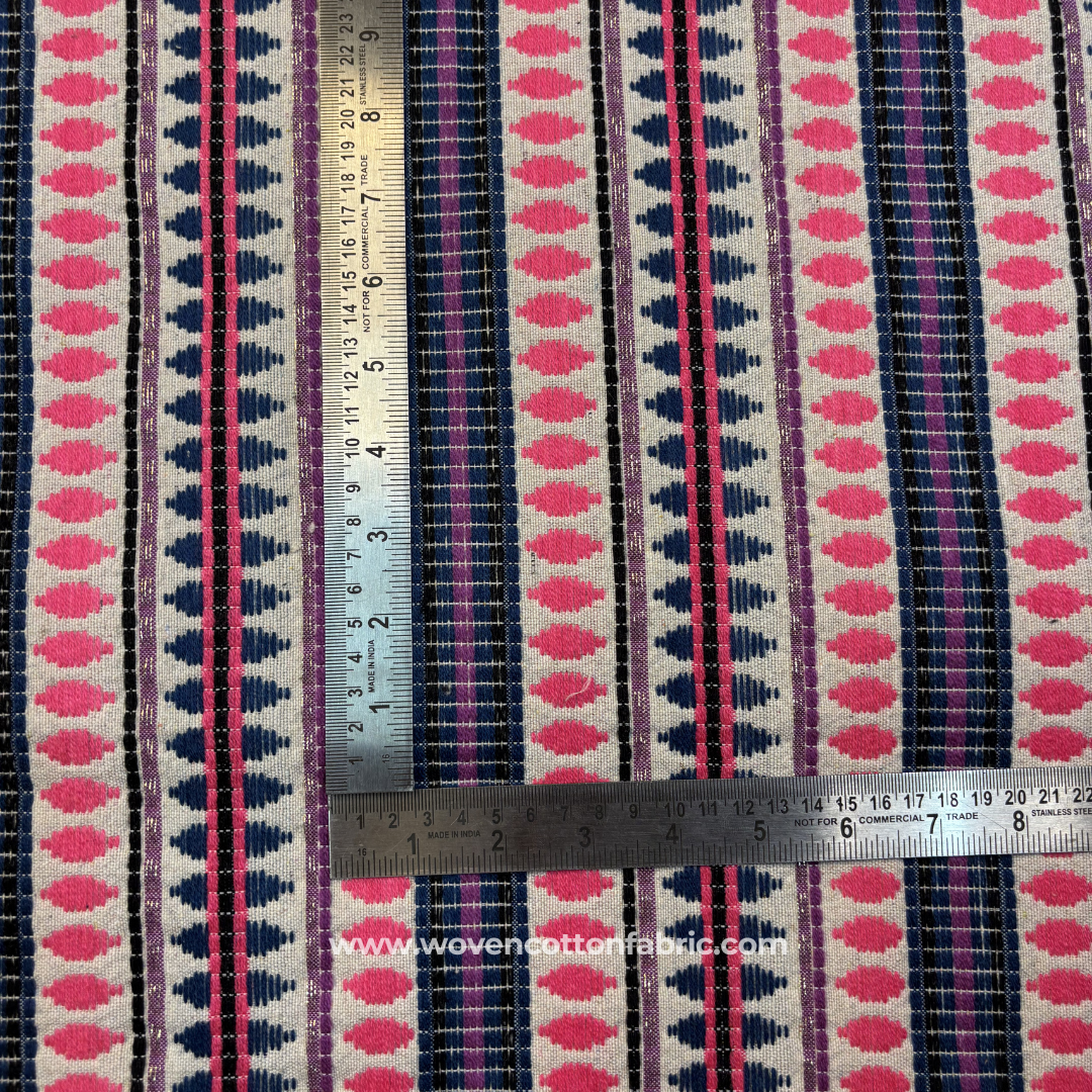 Hot Pink & Navy Blue Geometric Jacquard Cotton Handloom Fabric with Gold Zari, Per Meter