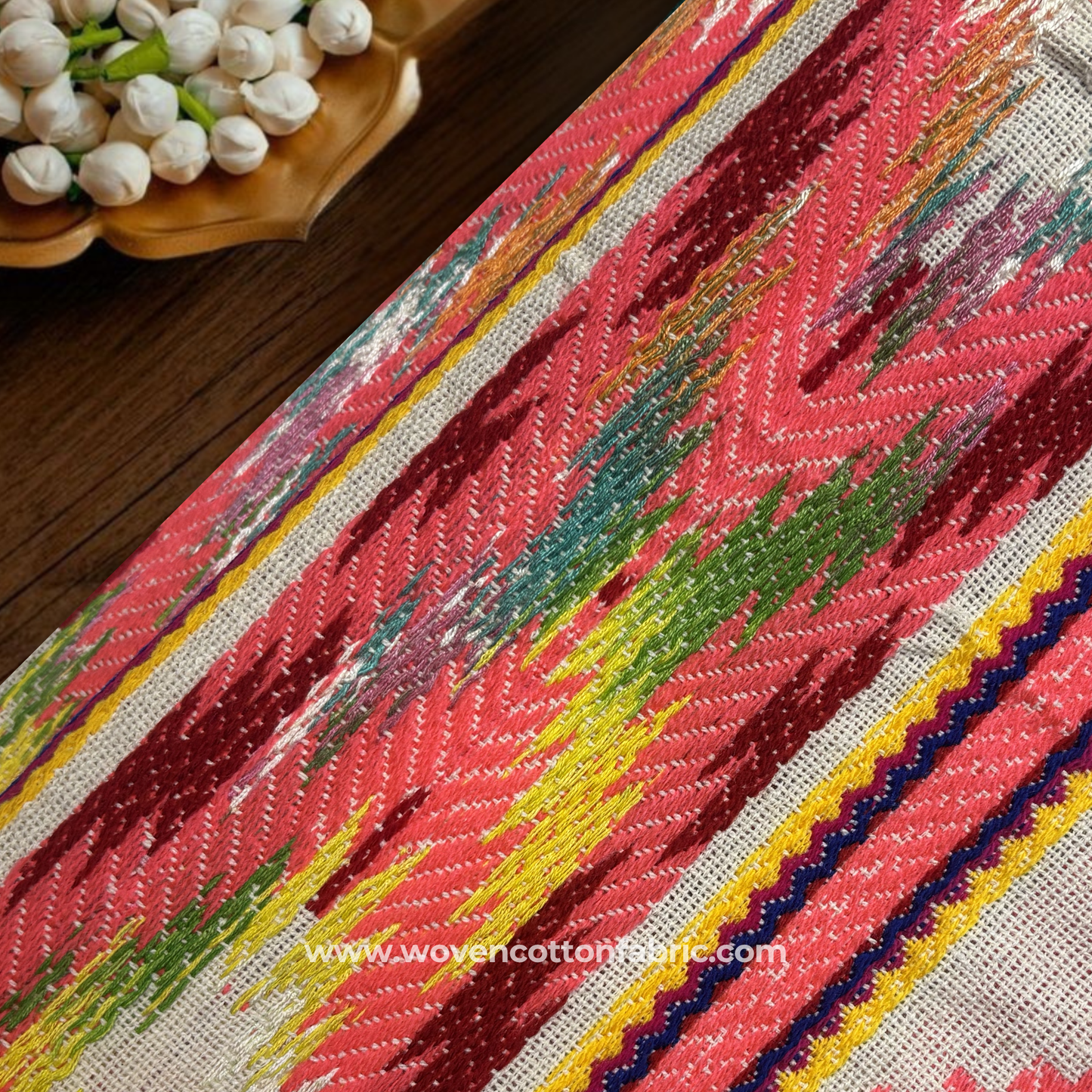 Ethnic Ikat Brocade with Chevron Borders, Jacquard Fabric, Per Meter