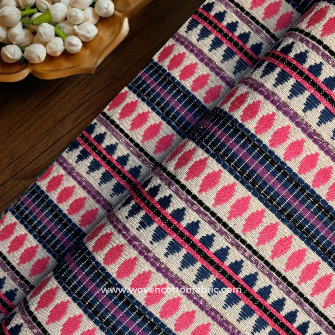 Hot Pink & Navy Blue Geometric Jacquard Cotton Handloom Fabric with Gold Zari, Per Meter
