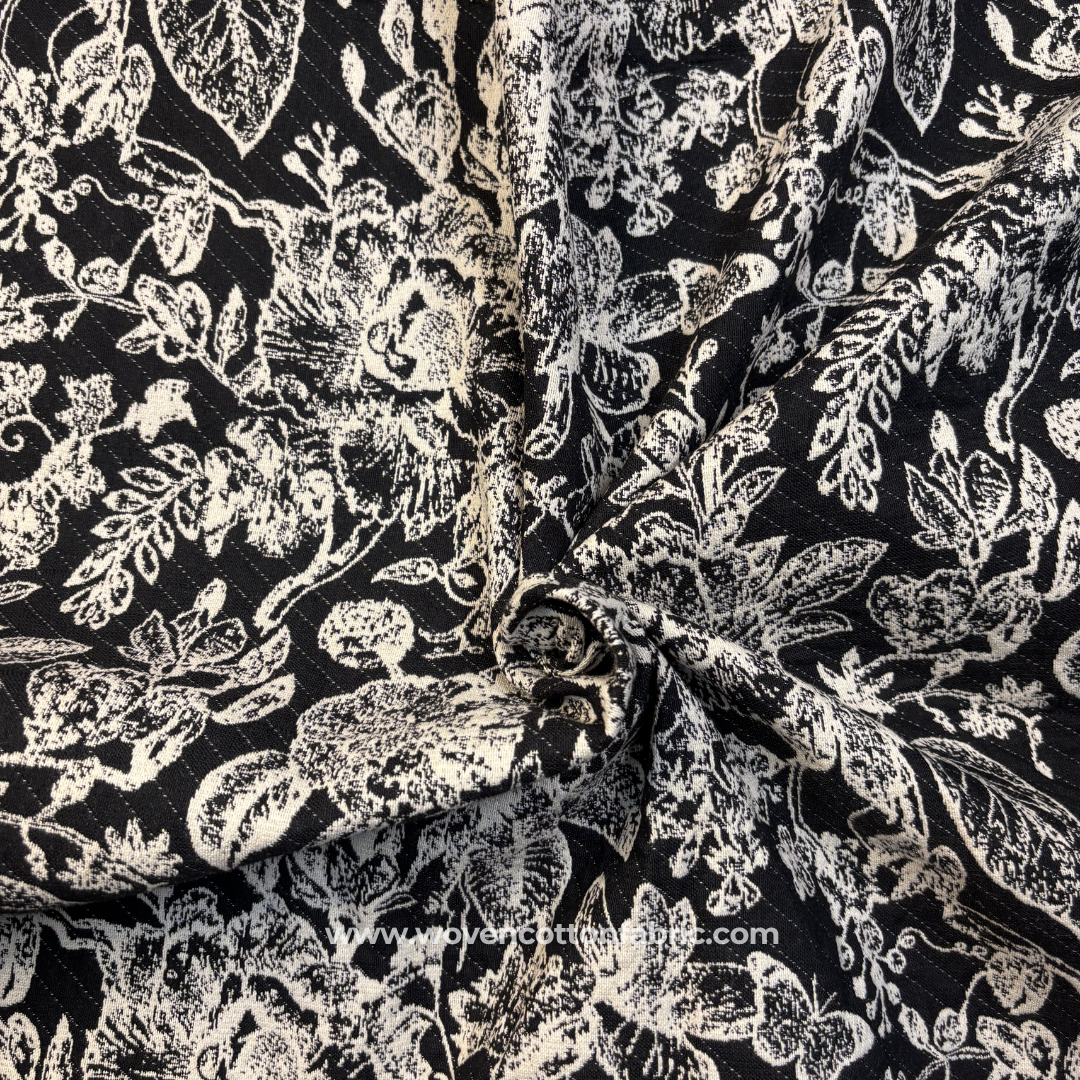 Vintage Floral Monochromatic Black & White Jacquard Cotton Handloom Fabric, Per Meter