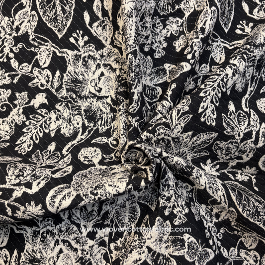 Vintage Floral Monochromatic Black & White Jacquard Cotton Handloom Fabric, Per Meter