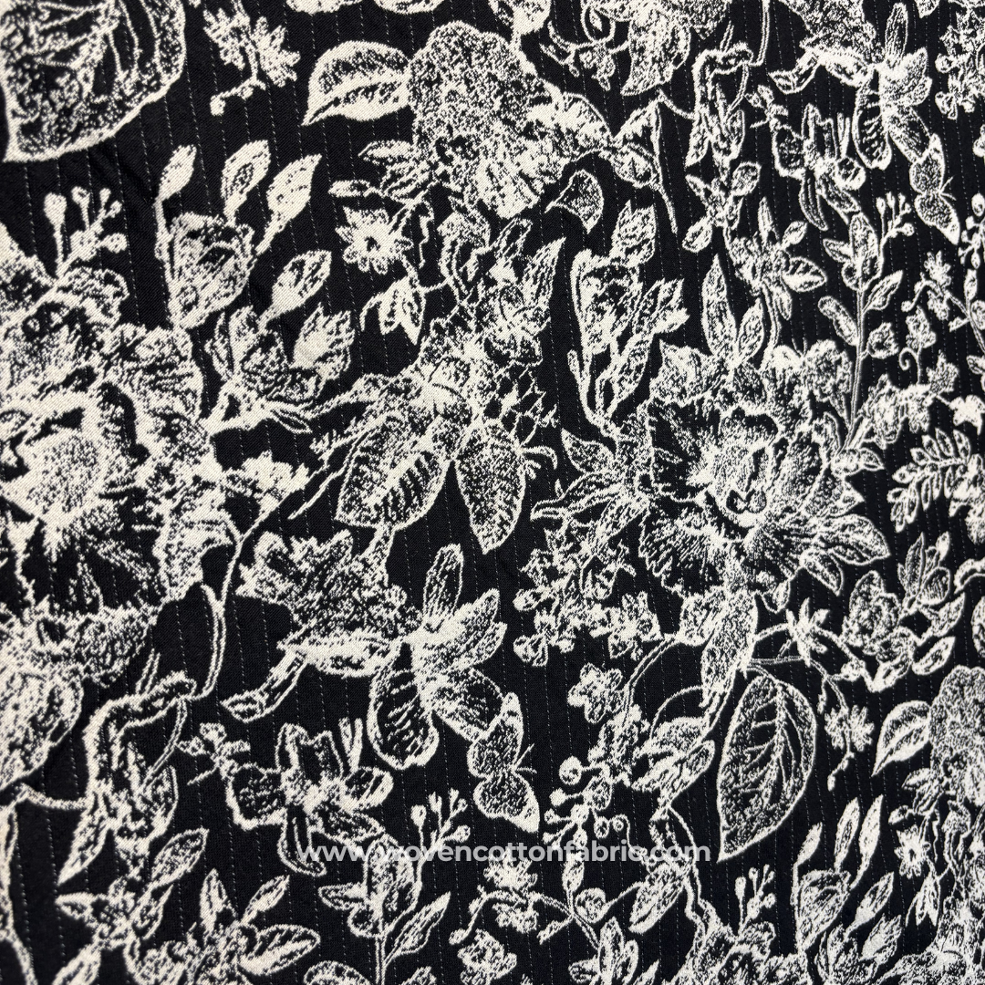 Vintage Floral Monochromatic Black & White Jacquard Cotton Handloom Fabric, Per Meter