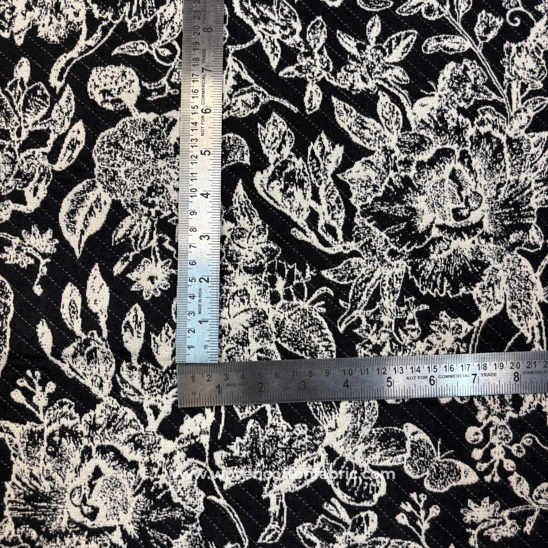 Vintage Floral Monochromatic Black & White Jacquard Cotton Handloom Fabric, Per Meter