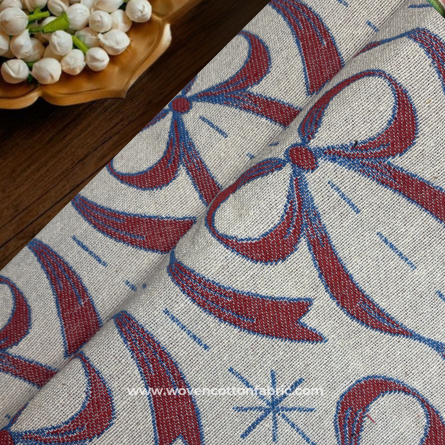Retro Woven Jacquard Ribbon Bow & Star Fabric., Jacquard Fabric, Per Meter