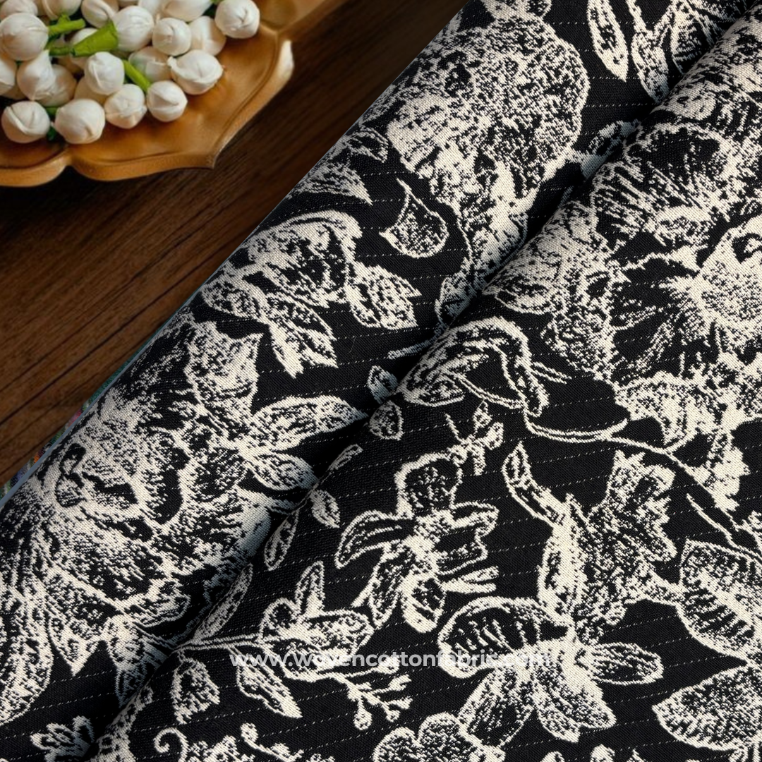 Vintage Floral Monochromatic Black & White Jacquard Cotton Handloom Fabric, Per Meter