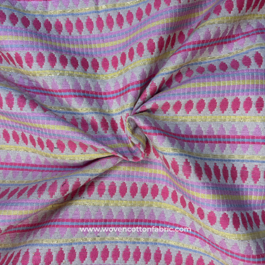 Pink & Yellow Geometric Jacquard Cotton Handloom Fabric with Gold Zari, Per Meter