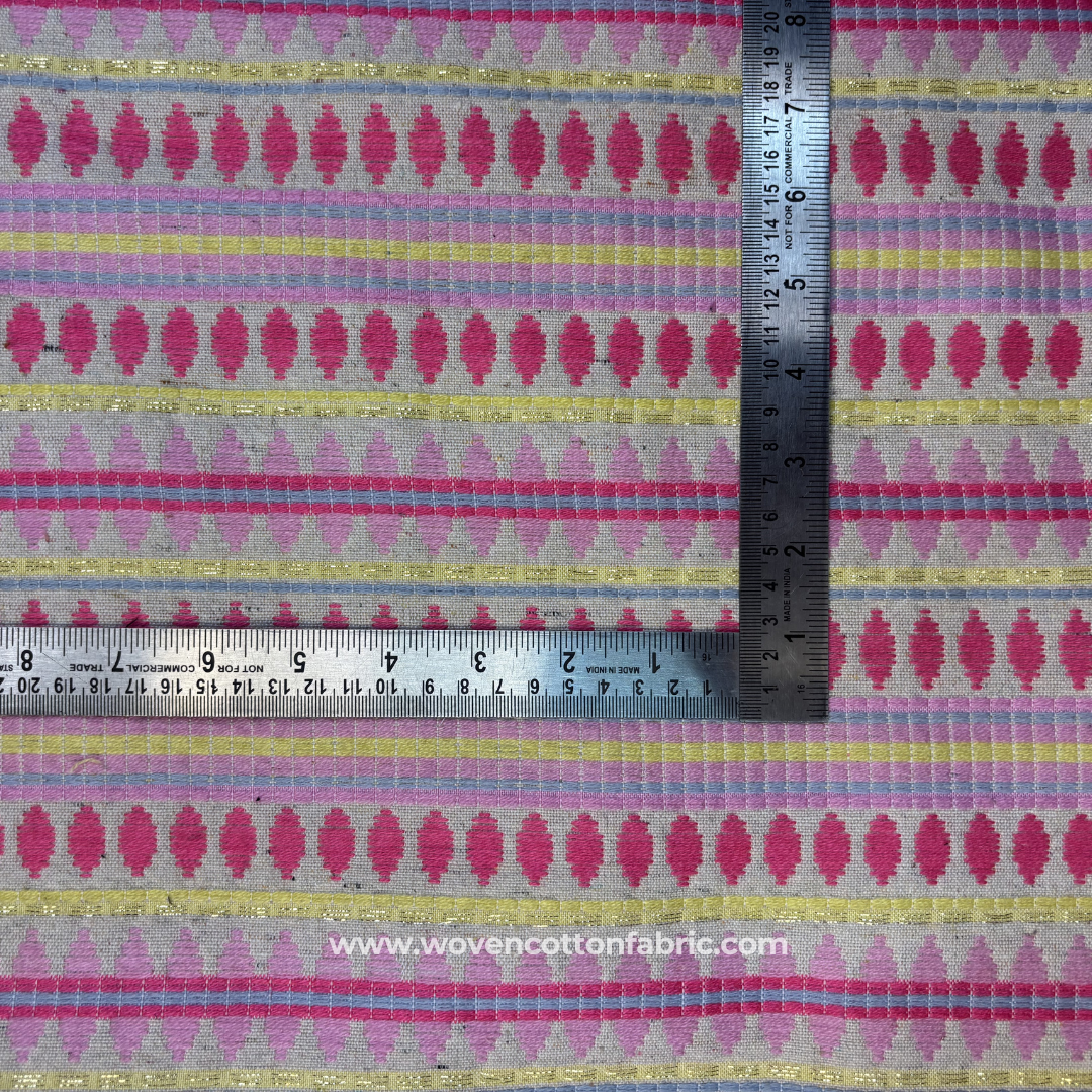 Pink & Yellow Geometric Jacquard Cotton Handloom Fabric with Gold Zari, Per Meter