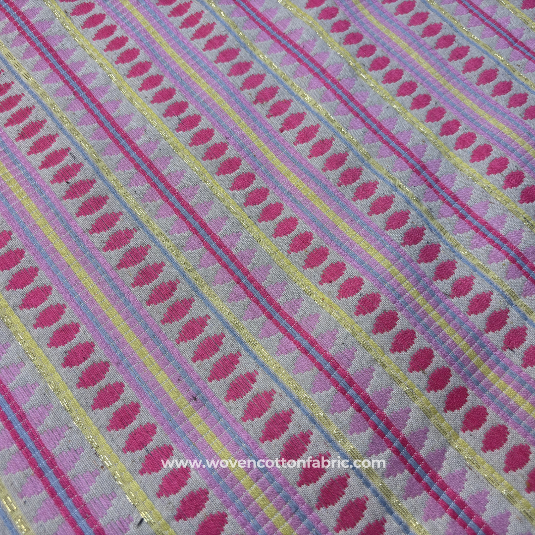 Pink & Yellow Geometric Jacquard Cotton Handloom Fabric with Gold Zari, Per Meter