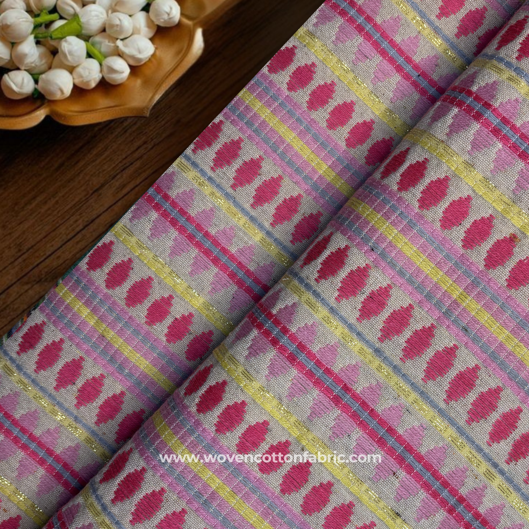 Pink & Yellow Geometric Jacquard Cotton Handloom Fabric with Gold Zari, Per Meter