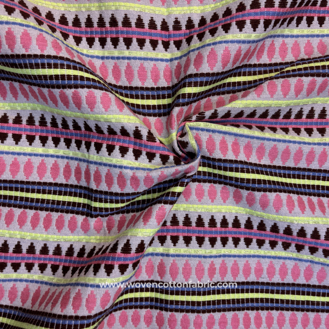 Pink & Lime Green Geometric Jacquard Cotton Handloom Fabric with Gold Zari, Per Meter