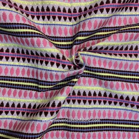 Pink & Lime Green Geometric Jacquard Cotton Handloom Fabric with Gold Zari, Per Meter
