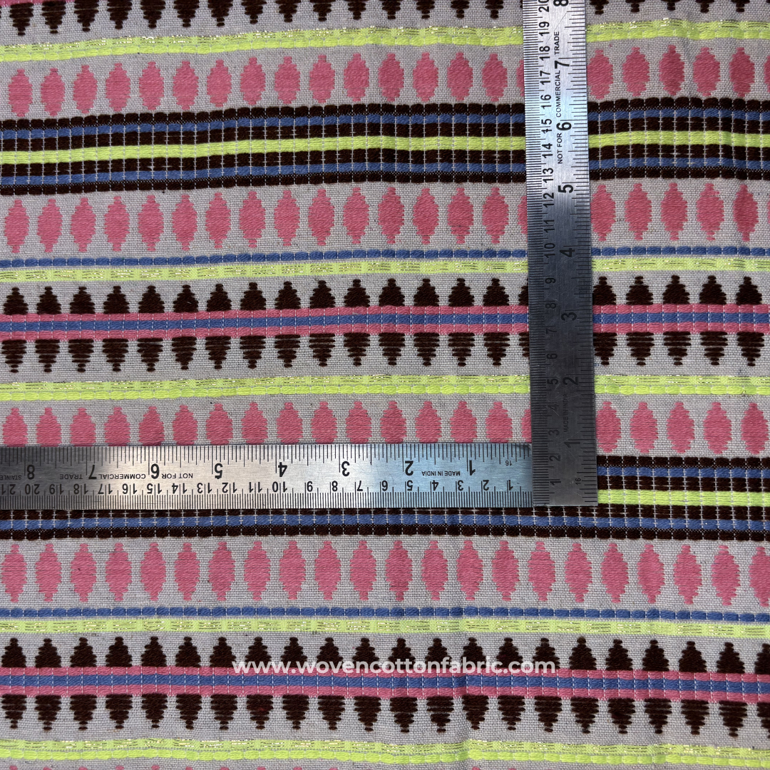 Pink & Lime Green Geometric Jacquard Cotton Handloom Fabric with Gold Zari, Per Meter
