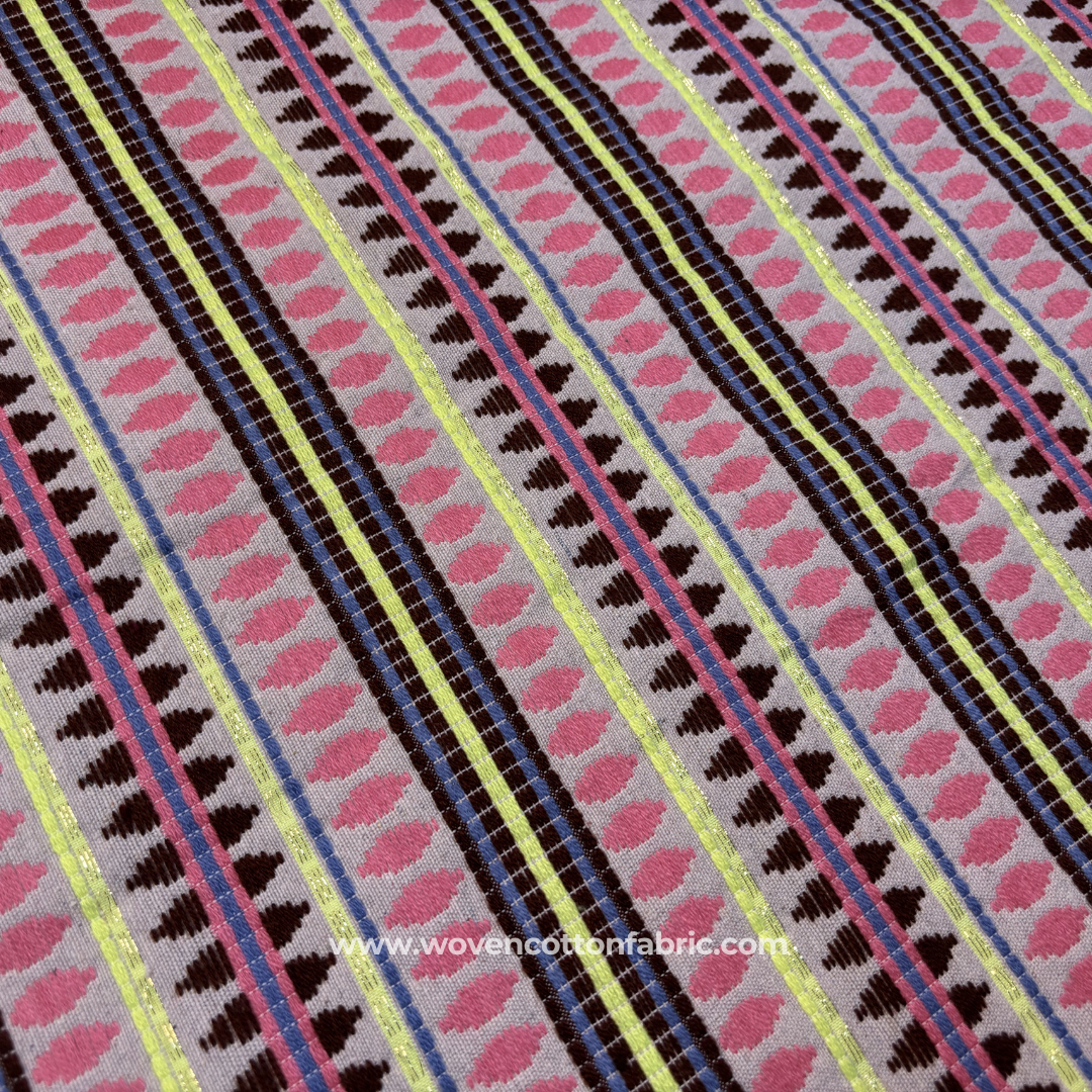 Pink & Lime Green Geometric Jacquard Cotton Handloom Fabric with Gold Zari, Per Meter