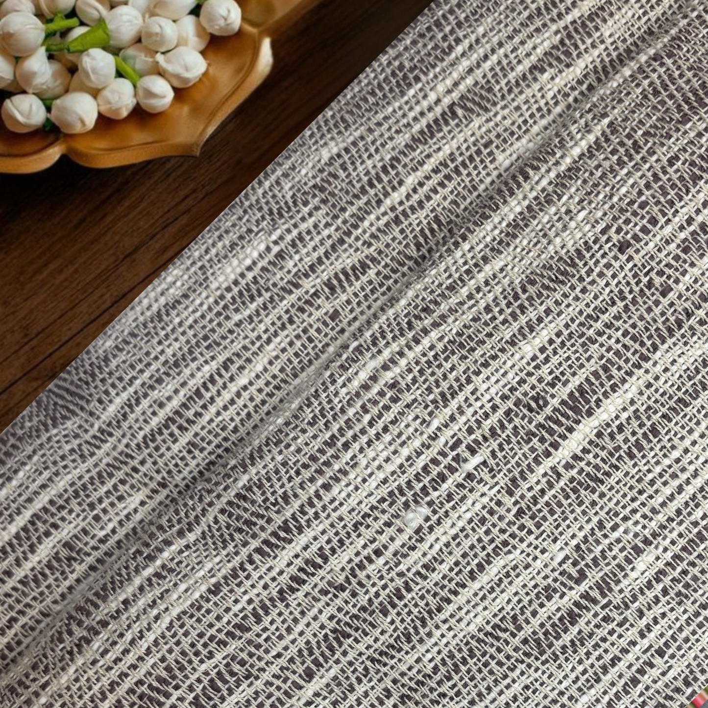 Charcoal Gray and Cream Textured Slub, Jacquard Fabric, Per Meter