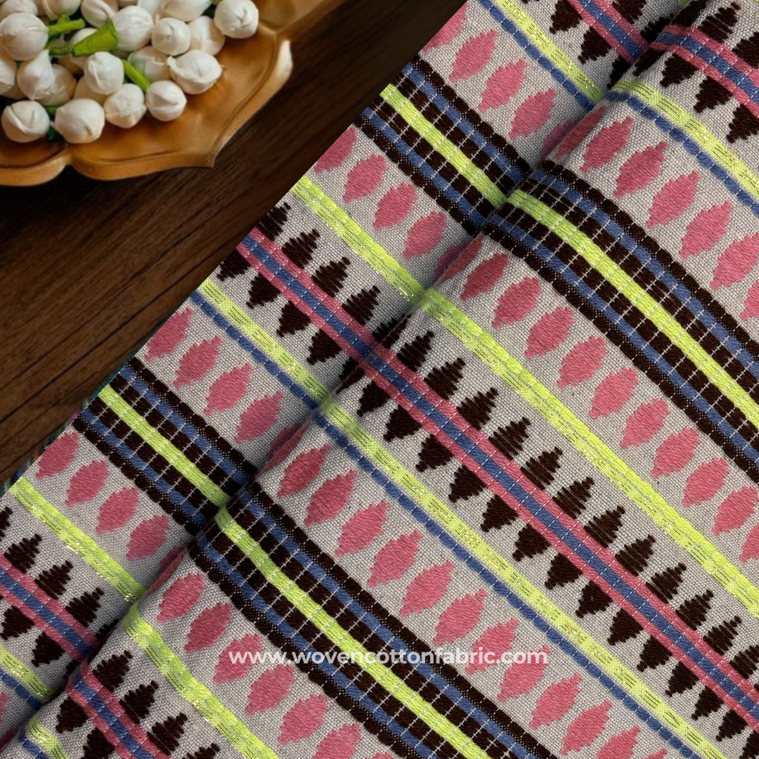 Pink & Lime Green Geometric Jacquard Cotton Handloom Fabric with Gold Zari, Per Meter
