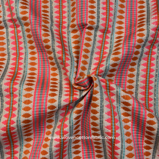 Rust & Hot Pink Geometric Stripe Jacquard Cotton Handloom Fabric, Per Meter