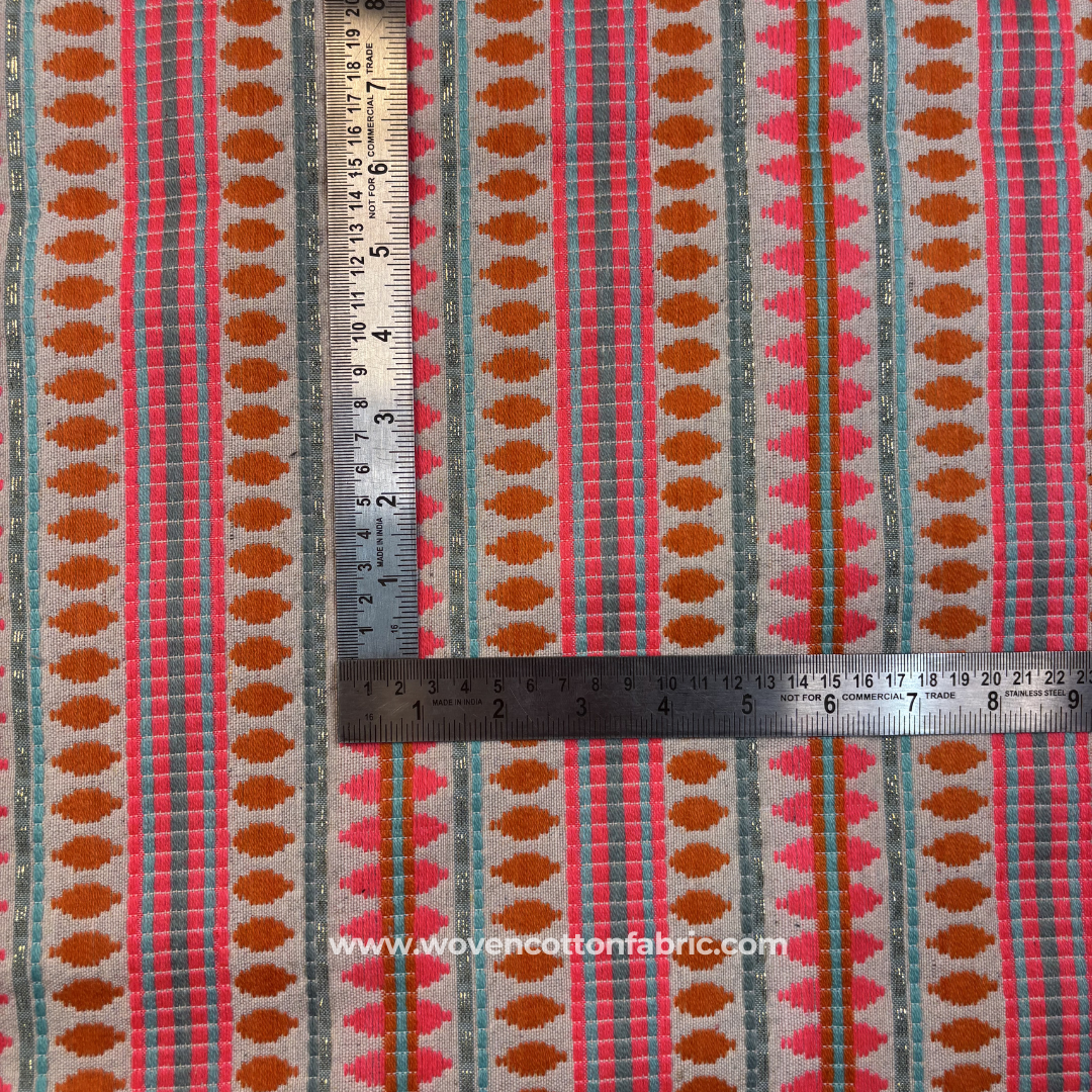 Rust & Hot Pink Geometric Stripe Jacquard Cotton Handloom Fabric, Per Meter